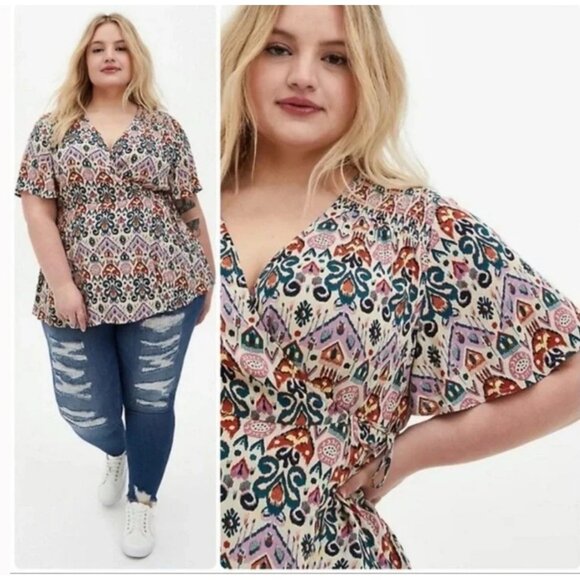 torrid Tops - Torrid Womens 4X Tan Purple Printed Short Sleeve Gauze Smocked Surplice Wrap Top